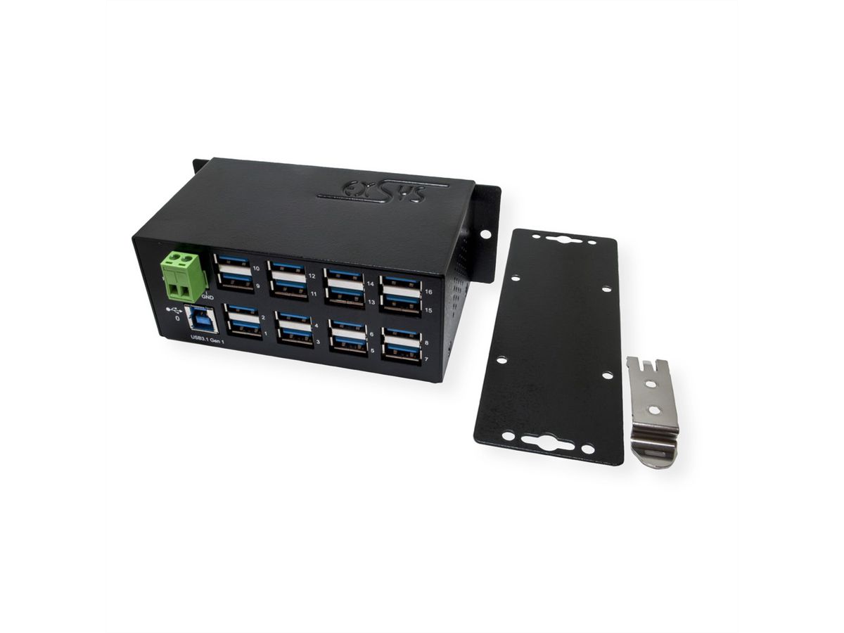 EXSYS EX-1113HMVS Hub à 16 ports USB 3.0/3.1(Gen1), protection de surtension et kit rail DIN