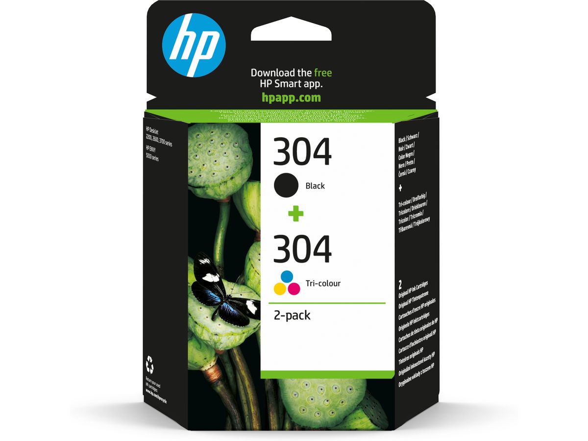HP Pack de 2 cartouches authentiques d'encre noire/trois couleurs 304