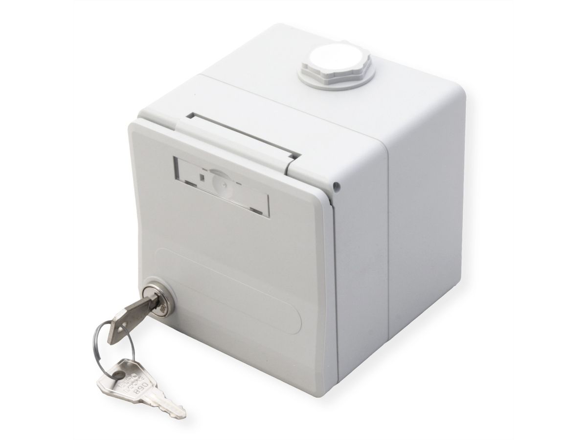 METZ CONNECT Boîtier apparent pour module IP44 , Couvercle rabattable + serrure, 2 ports non équipés , gris