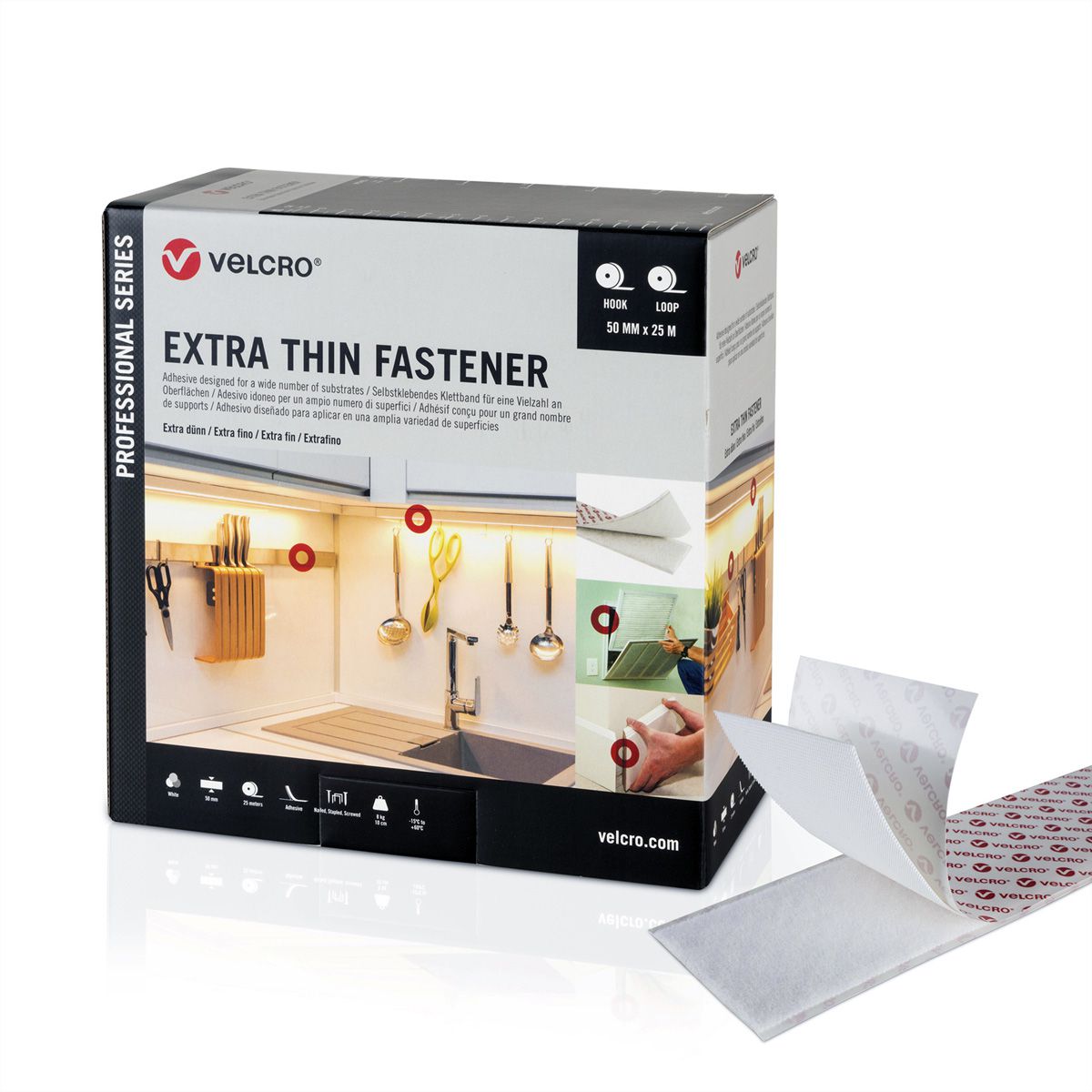 VELCRO® Extra Thin Fixation 25m bande crochets 25m bande velours, crochets & velours 20mm blanc