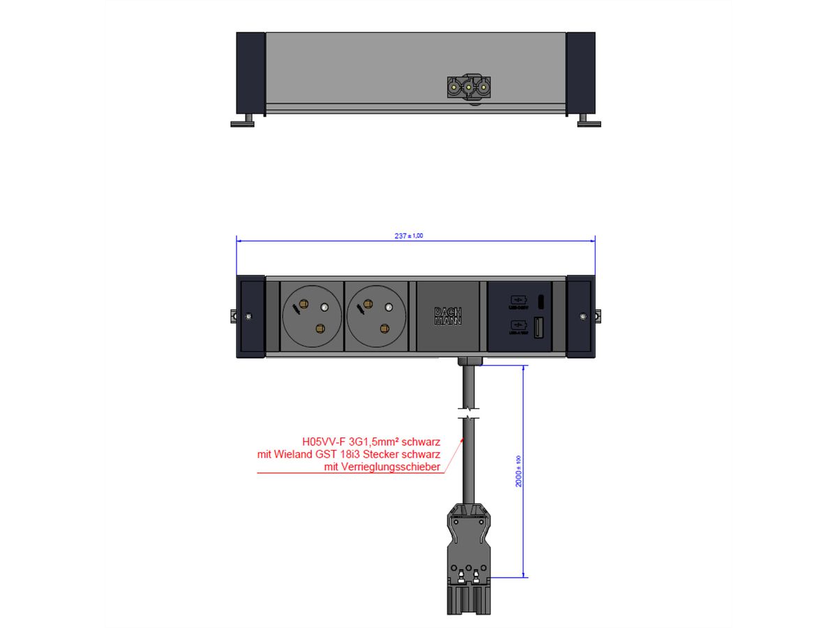 BACHMANN DESK RAIL 2xUTE 1xUSB A&C 22W 2,0m GST18