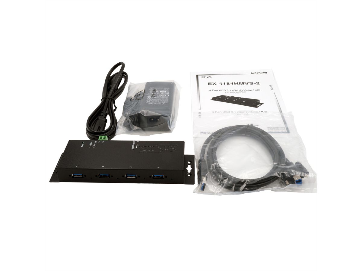 EXSYS EX-1184HMVS-2 Hub USB 3.2 Gen1 métal à 4 ports, protection de surtension 15KV ESD