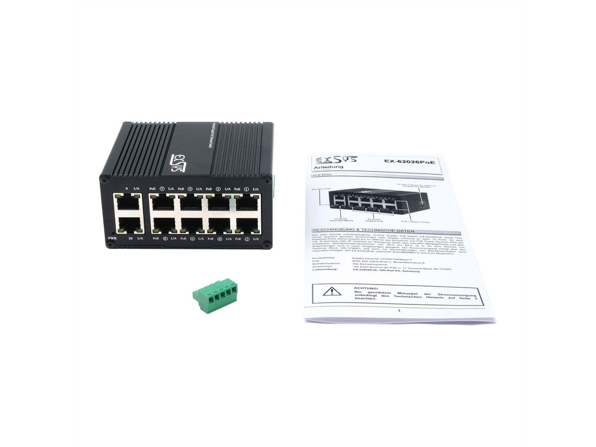 EXSYS EX-62026PoE Mini-commutateur Gigabit PoE industriel à 10 ports, 8x PoE + 2x 10/100/1000Tx