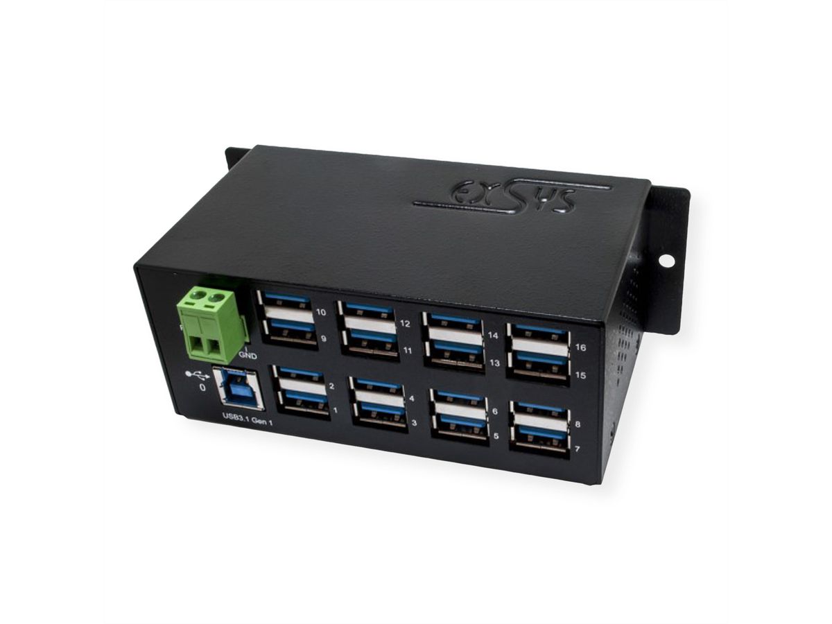 EXSYS EX-1113HMVS Hub à 16 ports USB 3.0/3.1(Gen1), protection de surtension et kit rail DIN