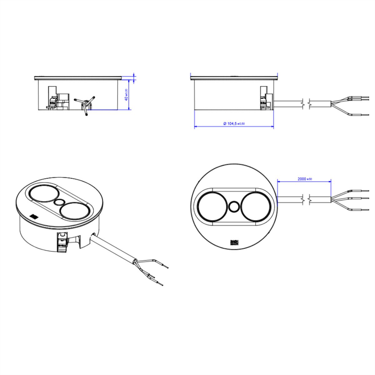 BACHMANN TWIST 2 2xUTE 2,0m AEH argent rond, Mesure p.Sd.3m H05VV-F 3G4 CEE16A LAN