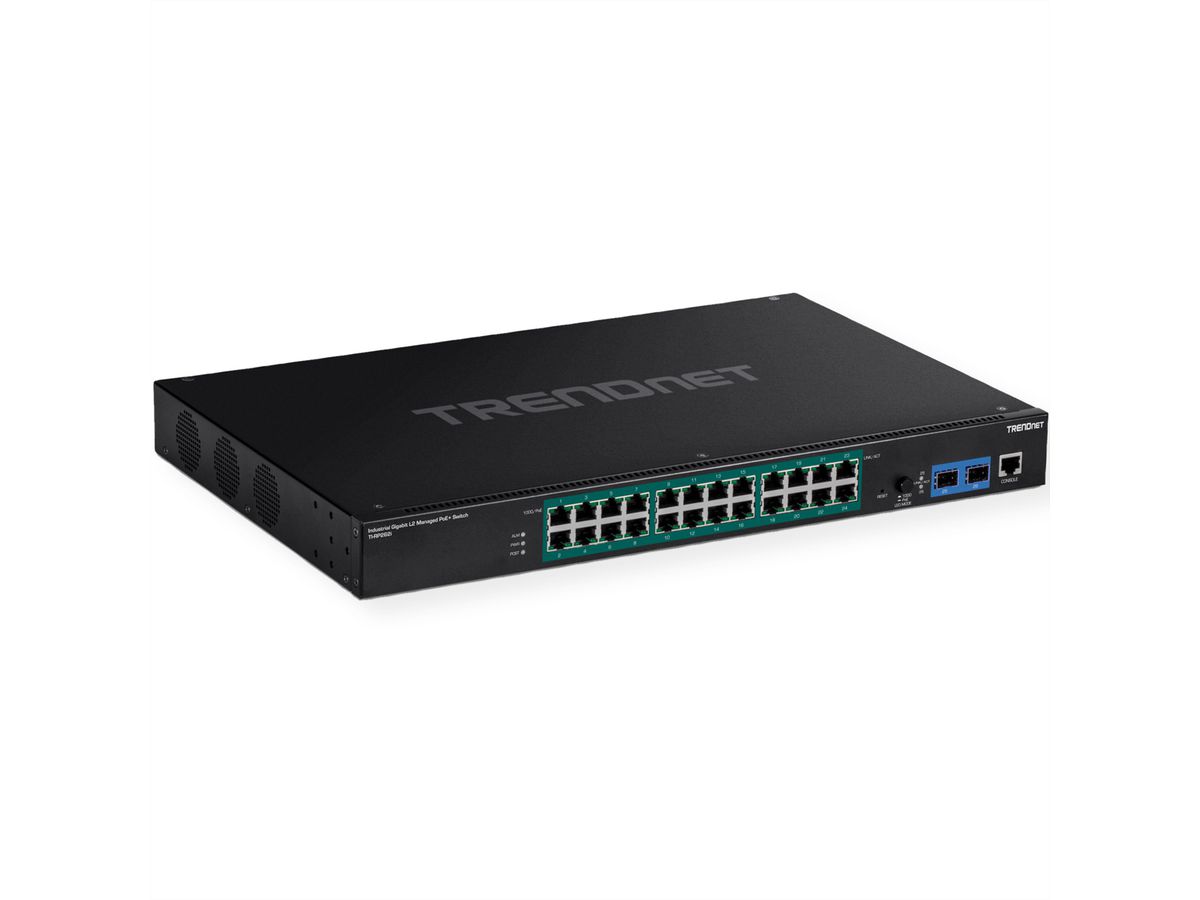 TRENDnet TI-RP262i Switch industriel PoE+ administrable Gigabit de couche 2 à 26 ports montable sur un rack