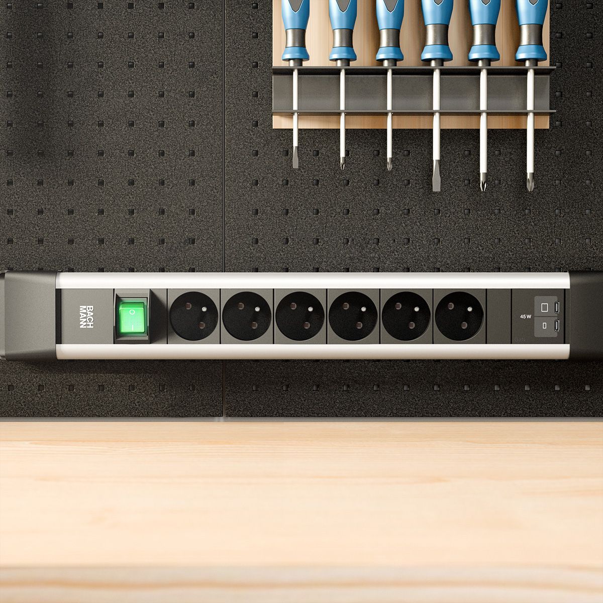 BACHMANN CONNECTUS 6xUTE 1xinterrupteur, 1xUSB C/C 45W L=2,0m CEE7/7 gris
