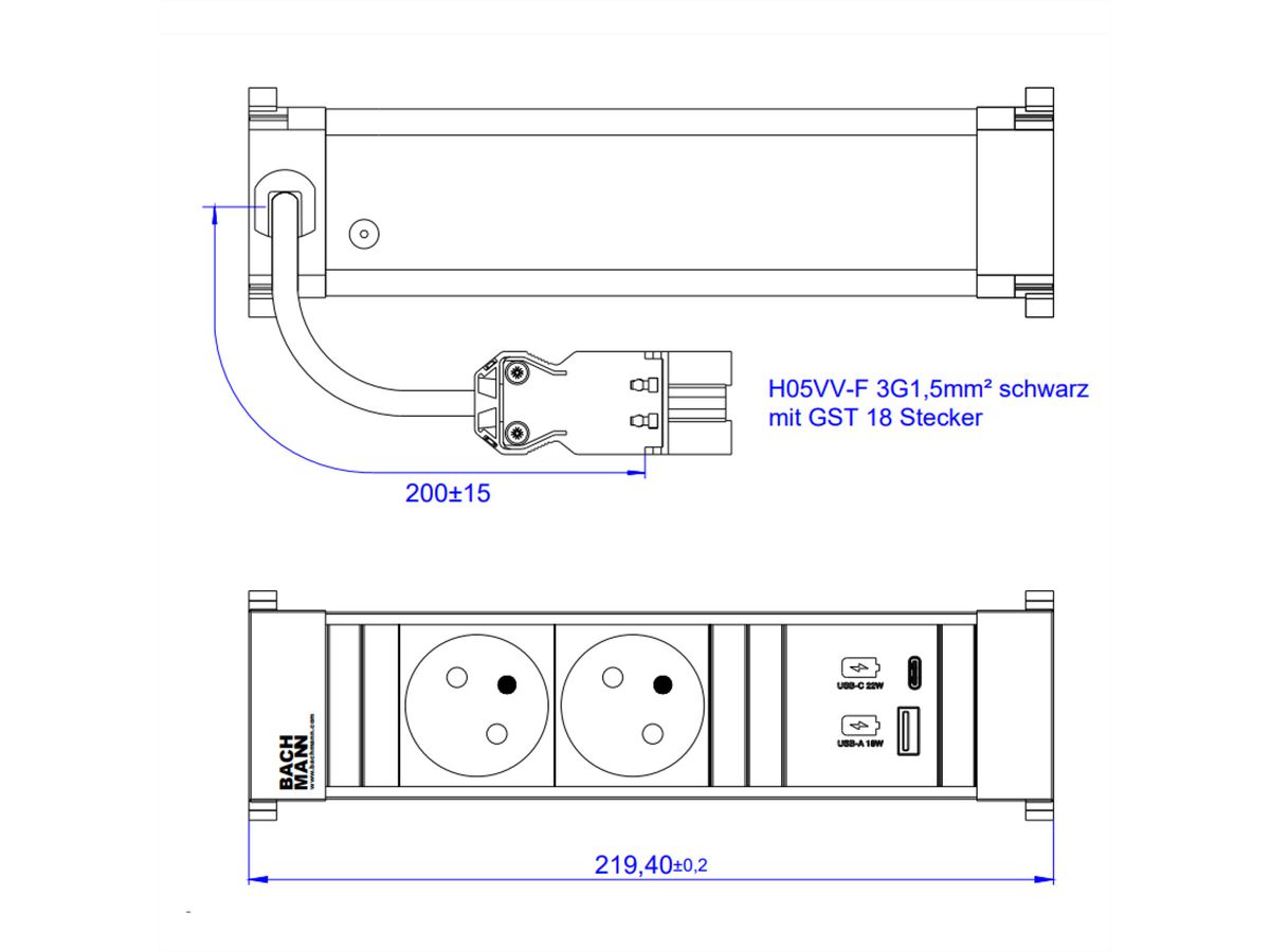 BACHMANN POWER FRAME S 2xUTE 1xUSB A/C 22W 0,2m GST18