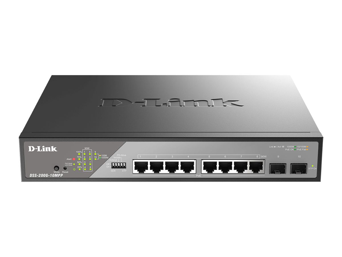 D-Link DSS-200G-10MPP/E commutateur réseau Géré L2 Gigabit Ethernet (10/100/1000) Connexion Ethernet, supportant l'alimentation via ce port (PoE) 1U Gris