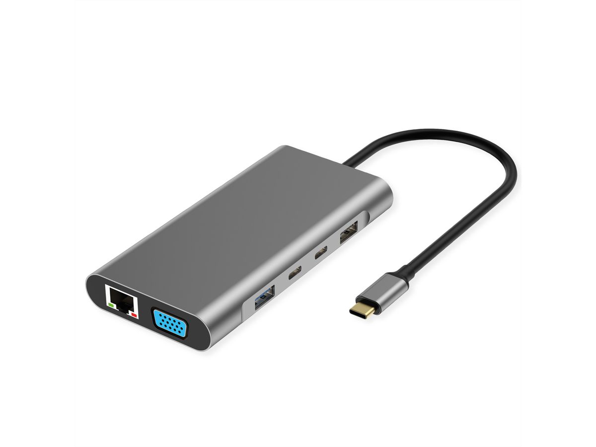 VALUE Station d'accueil USB type C, 2x HDMI (4K60 et 4K30), 1x DP 4K60, 1x VGA, 1x Gb Ethernet, 2x USB C, 2x USB A (3.2 Gen1 et USB 2.0, 1x type C PD
