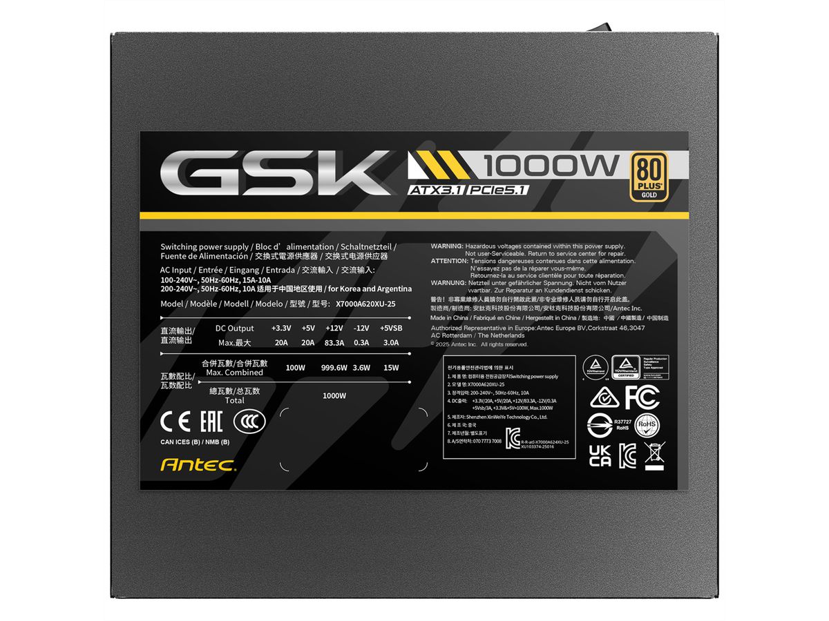 ANTEC GSK 1000 ATX3.1 Bloc d'alimentation 1000 W entièrement modulaire, certifié 80 PLUS Gold