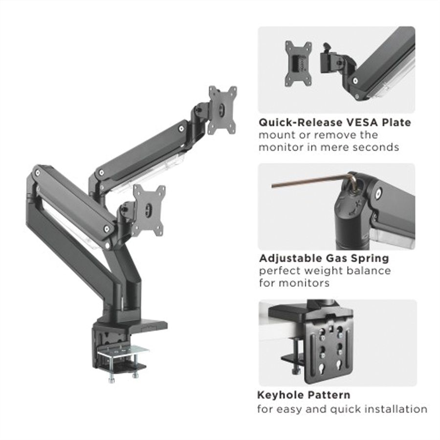 ROLINE Support double LCD à gaz, 5 axes de rotation, max. 15 kg, jusqu'à 35 pouces