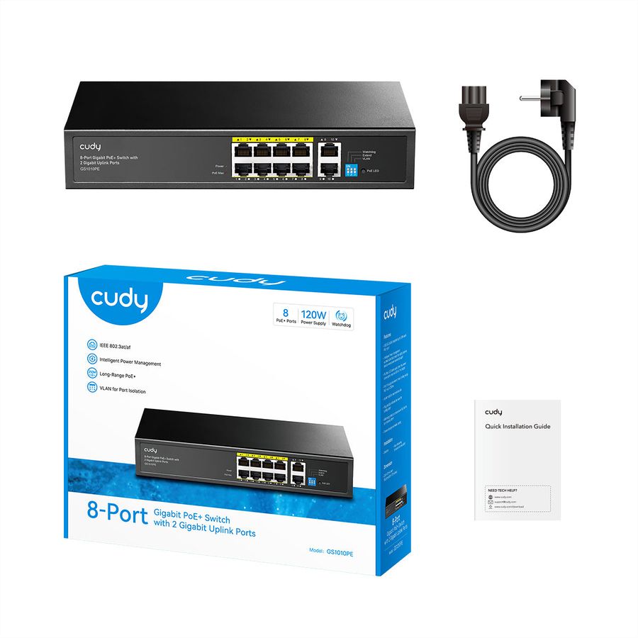 CUDY GS1010PE Switch 8 ports Gigabit PoE+, 2 ports Gigabit Uplink 120W