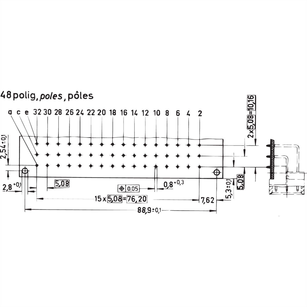 Connecteur SCHROFF de type E, EN 60603, DIN 41612, mâle, 48 contacts, broches à souder, 2.9 mm