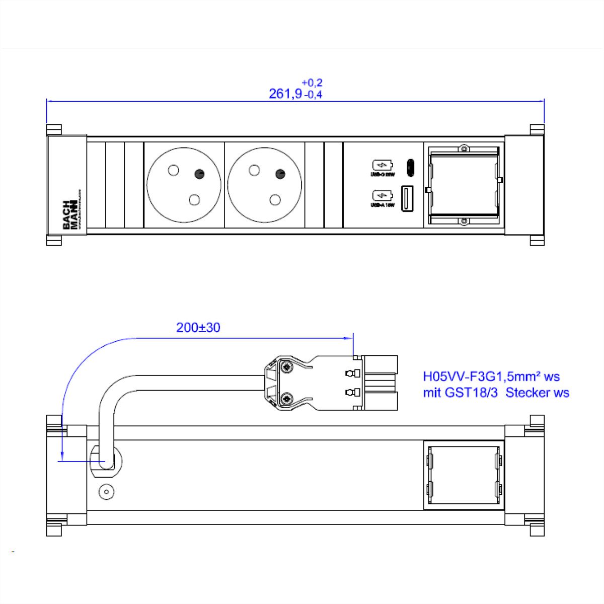 BACHMANN POWER FRAME 2xUTE 1xCM 1xUSB A/C 22W 0,2m GST18