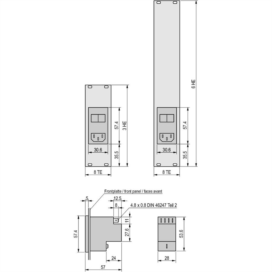SCHROFF Face avant avec module d'entrée AC, 3 U, 8 CV, 2,5 mm, alu, anodisé, bords non traités