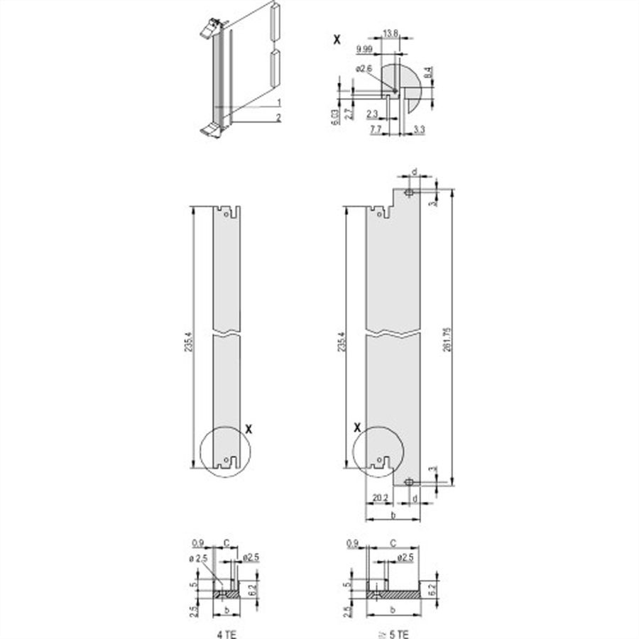 SCHROFF Plug-In Unit U-Profile Face avant pour IEL, IET, Type 2 Poignée, 6 U, 5 CV, 2,5 mm, Al, Anodisé frontal, Conducteur arrière
