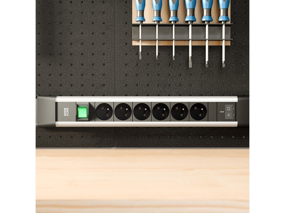 BACHMANN CONNECTUS 6xUTE 1xinterrupteur, 1xUSB C/C 45W L=2,0m CEE7/7 gris