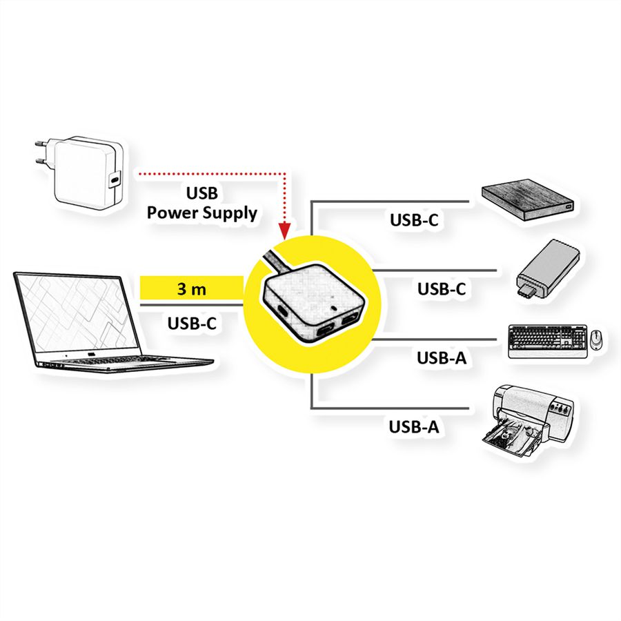 VALUE Hub USB 3.2 Gen 2, 4 ports (2x A+ 2x C) avec câble prolongateur, 3 m