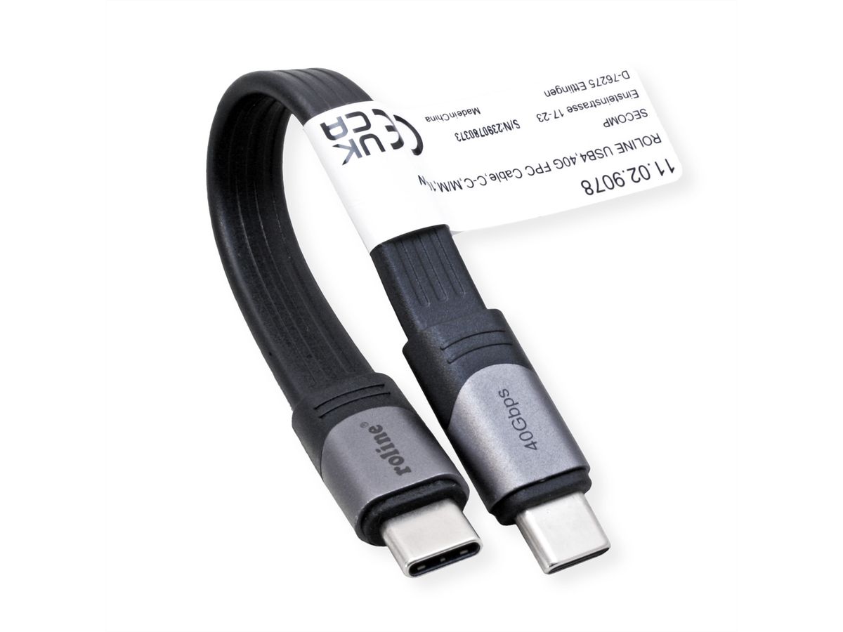 ROLINE Câble USB4 Gen3x2, Emark, plat, C-C, M/M, 40Gbit/s, 100W , noir, 15 cm