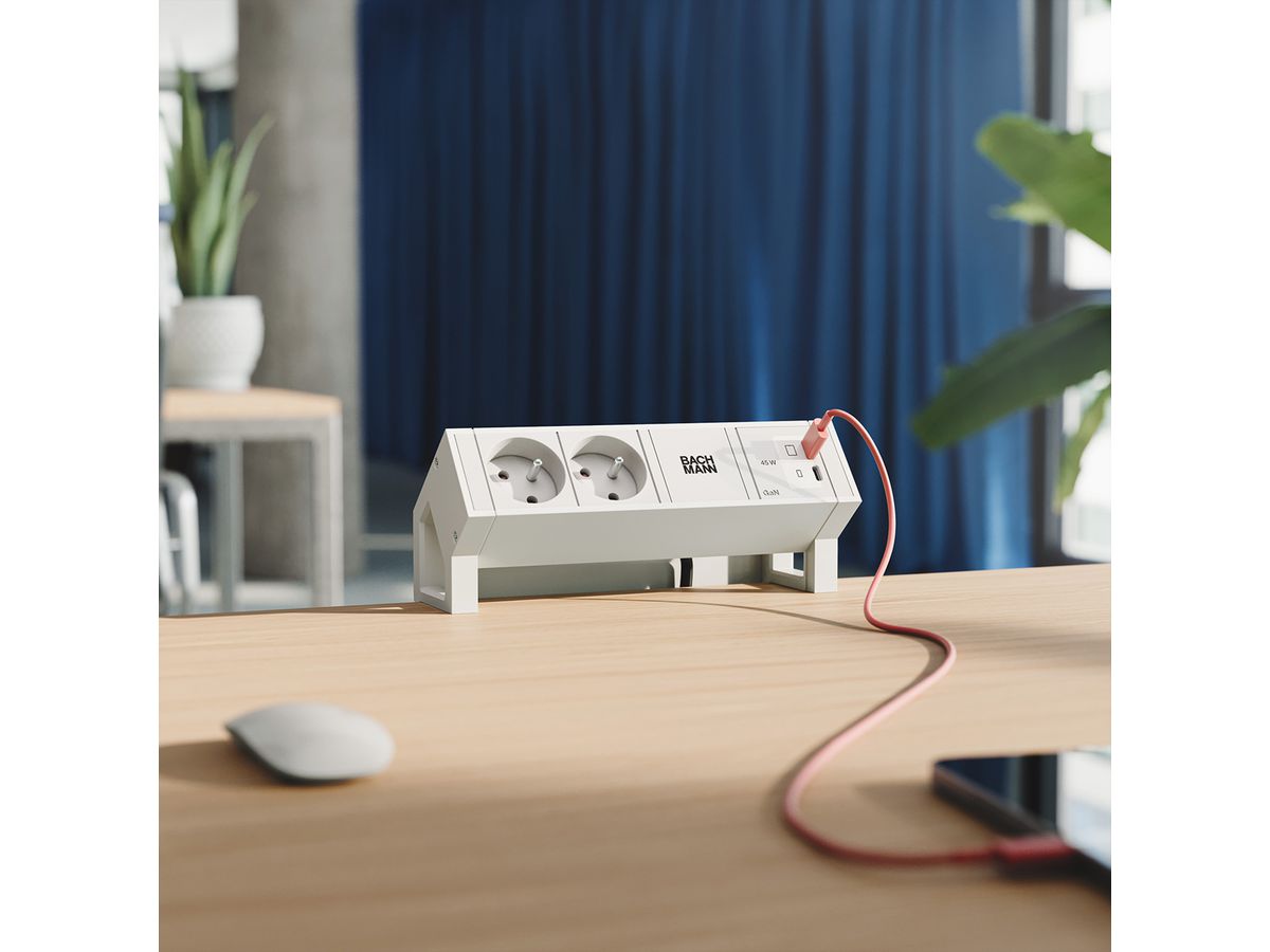 BACHMANN DESK2 blanc 2xUTE, 1xUSB C/C 45W L=0,2m RAL9010