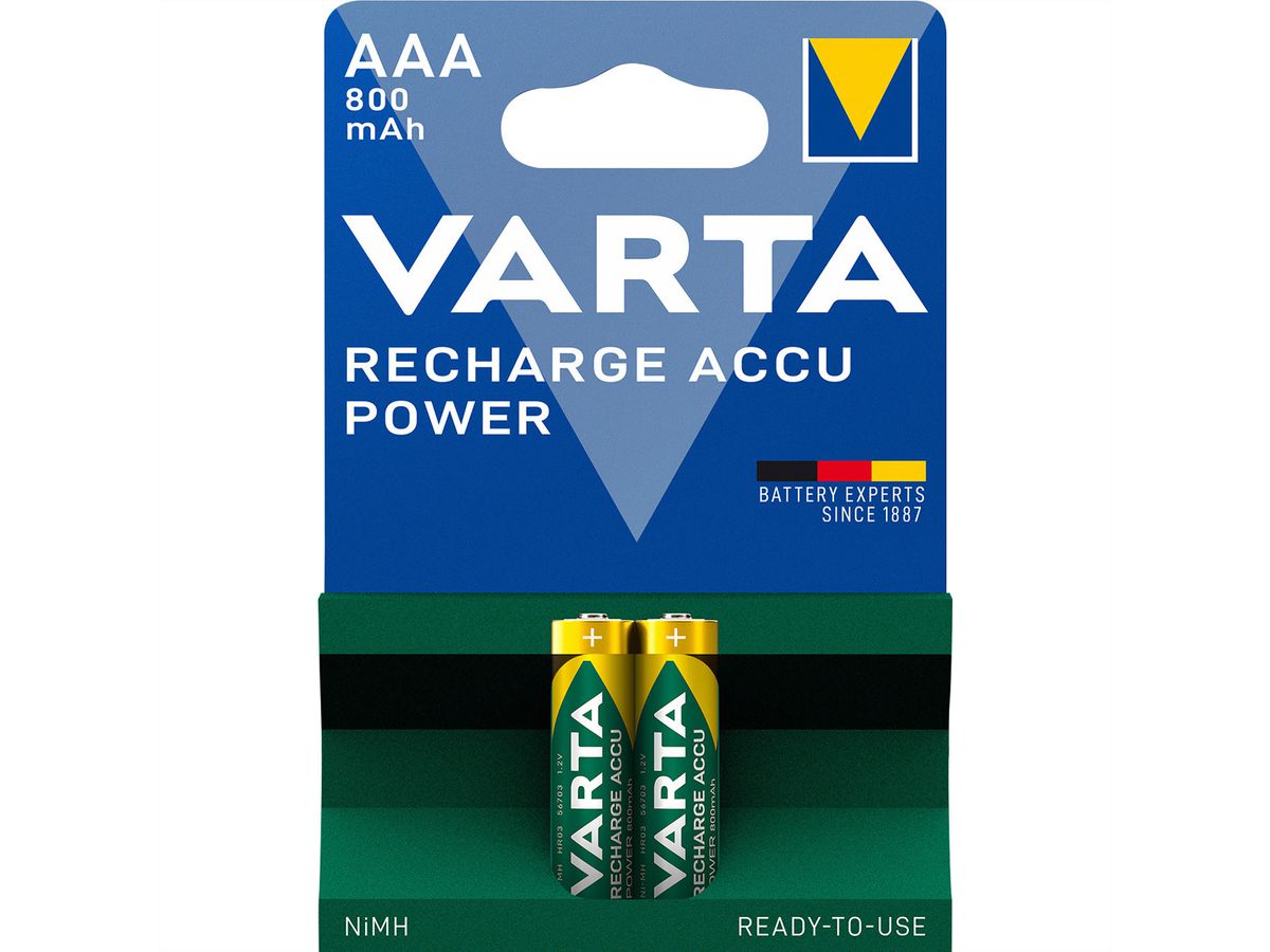 VARTA NiMH Piles Micro, AAA, HR03, pack de 2, 1,2V, 800mAh, chargées et prêtes à l'emploi