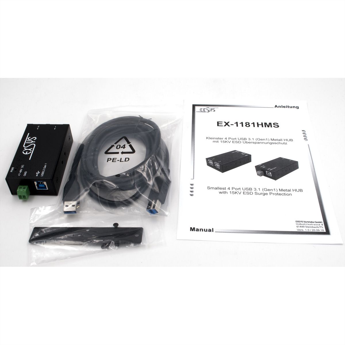 EXSYS EX-1181HMS Hub USB 3.2 Gen1 à 4 ports, protection de surtension 15KV ESD