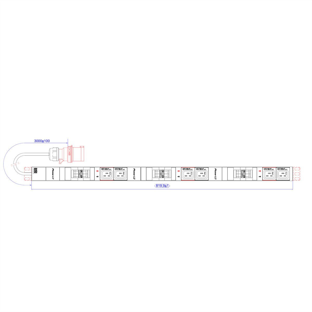 BACHMANN IT PDU ALU 0U 6x C19 6x interrupteur de protection de ligne CEE 3x32A rouge