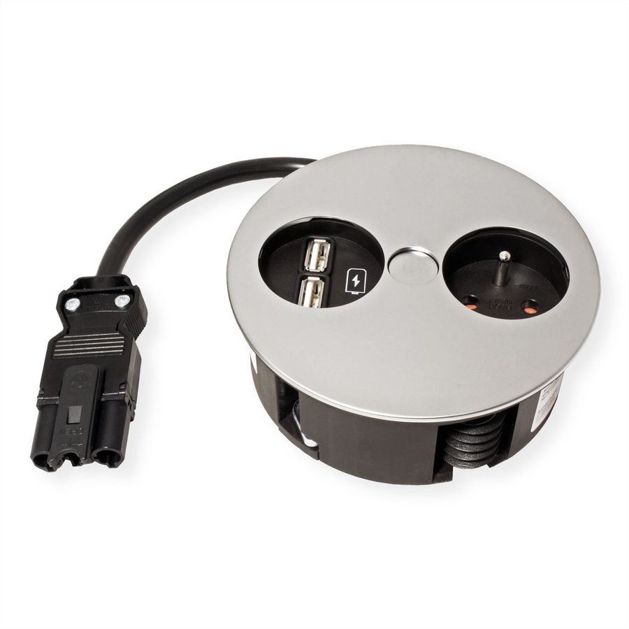 BACHMANN TWIST Prise 1x UTE, chargeur USB, chrome, 0,2 m