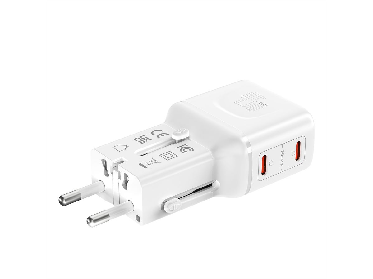VALUE Chargeur de voyage, EU/UK/US, 2 ports USB C, 45 W