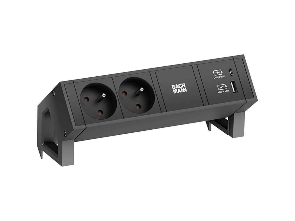 BACHMANN DESK 2 Bloc multiprise 2x UTE, 1x USB A&C 22W, noir, 0,2 m