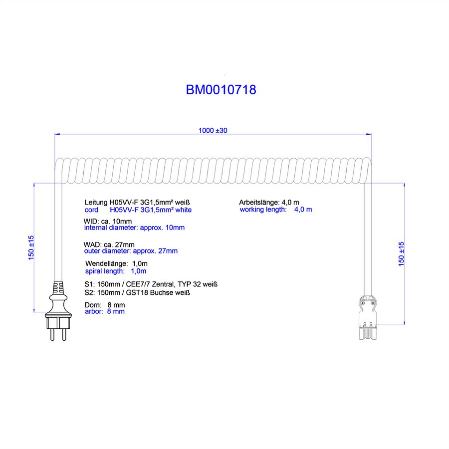 BACHMANN Câble spiralé H05VV-F 3G1,5mm² L:1,0m blanc ISV/CEE7/7