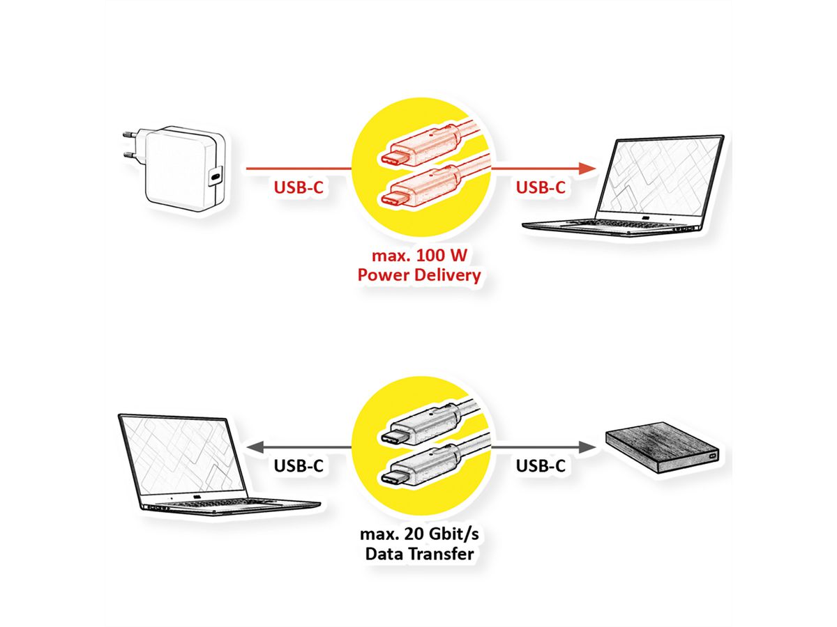 ROLINE Câble USB 3.2 Gen 2x2, avec PD (Power Delivery) 20V5A, avec Emark, C-C, M/M, 20 Gbit/s, noir, 0,5 m