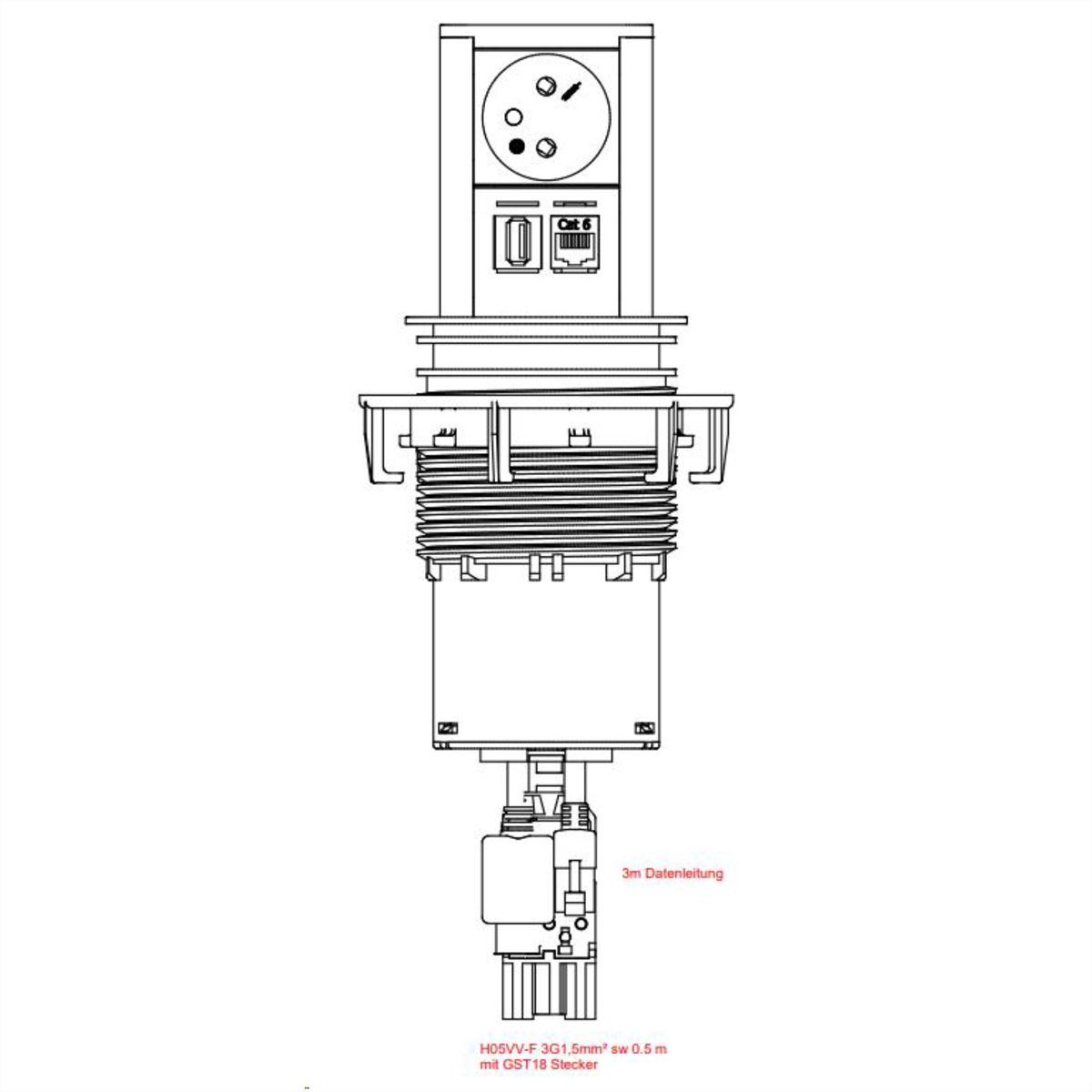 BACHMANN ELEVATOR 1xUTE 1xUSB 1xCAT6A 0,5m GST18 profilé en aluminium anodisé