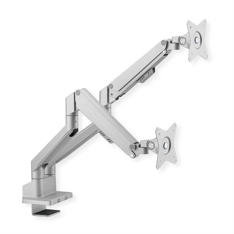 ROLINE Support double LCD, fixation sur bureau, vérin à gaz, 5 articulations, 17-23", jusqu'à 2x 9 kg, argent