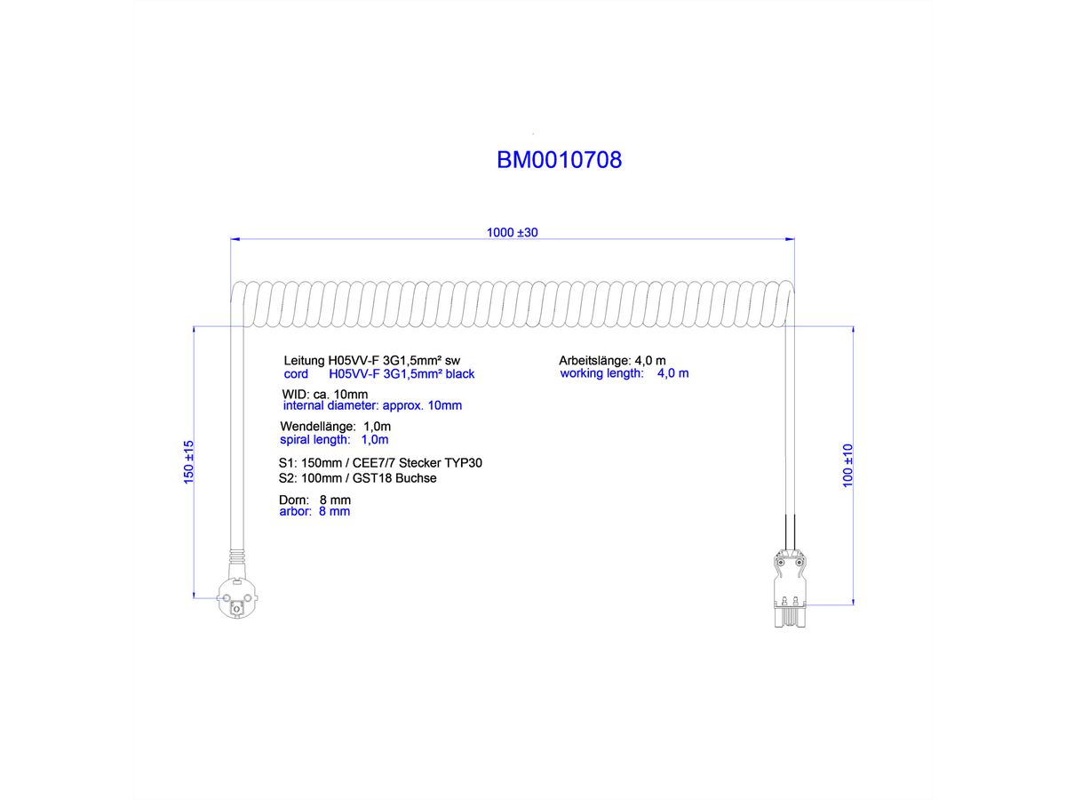 BACHMANN Câble spiralé H05VV-F 3G1,5mm² L:1,0m noir ISV/CEE7/7