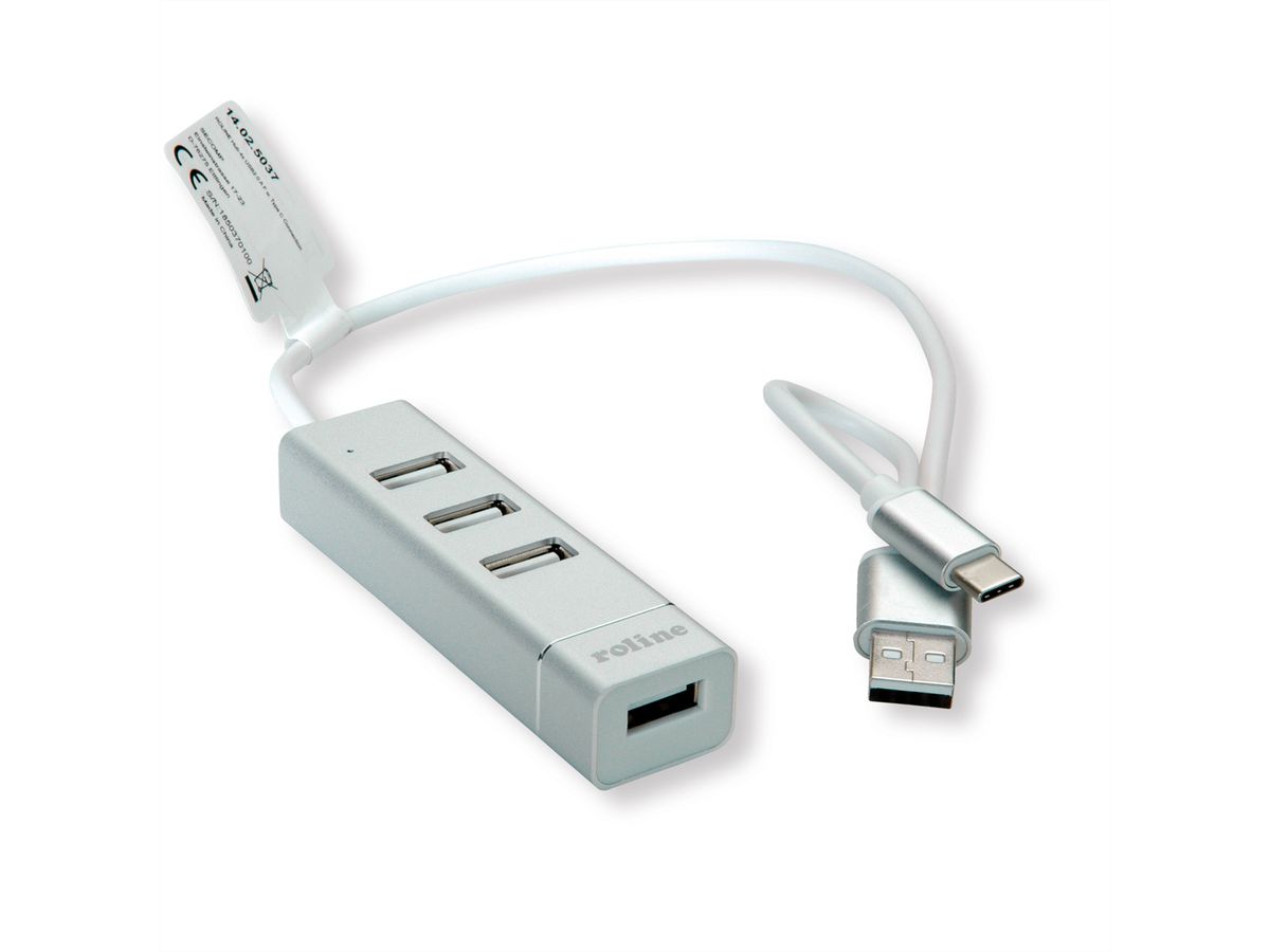 ROLINE Hub USB 2.0 pour portables, 4 ports, câble de raccordement type A+C