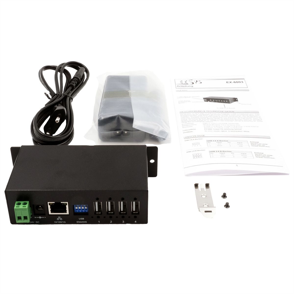 EXSYS EX-6003HMVS Serveur de périphériques 4x USB 2.0, entrée 9V-24V DC, boîtier métallique