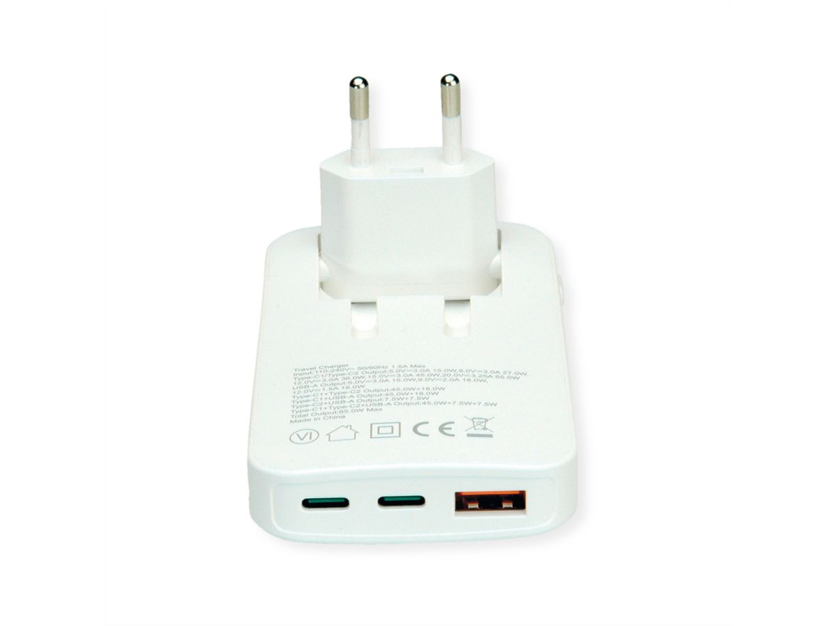 ROLINE Chargeur USB extra plat, avec prise Euro pliable, 65W