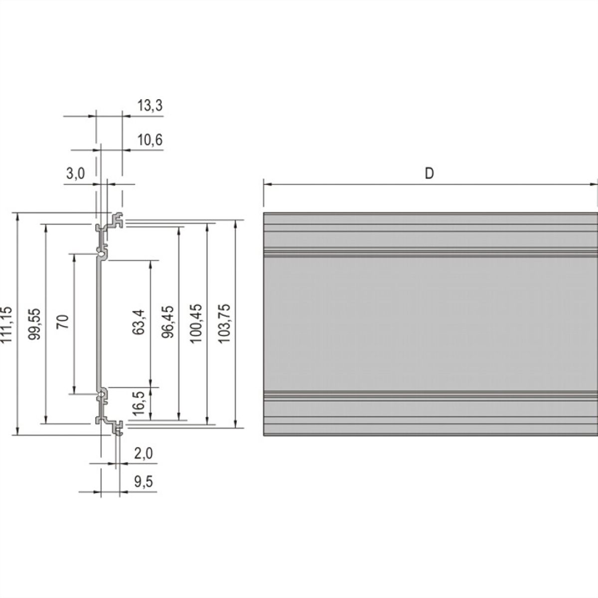Cadre de type SCHROFF, unité enfichable, panneau latéral extrudé, 3 U, 220 mm, symétrique