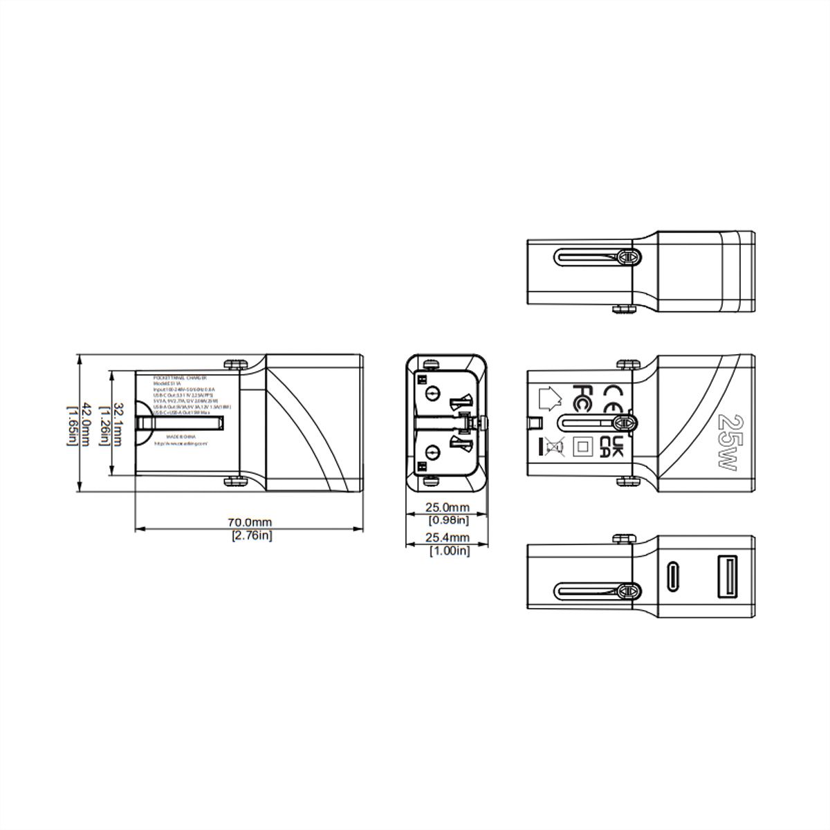 VALUE Chargeur de voyage USB avec prise UK/US/Euro, 2 ports, 1x QC3.0 A + 1x C (PD), 25W