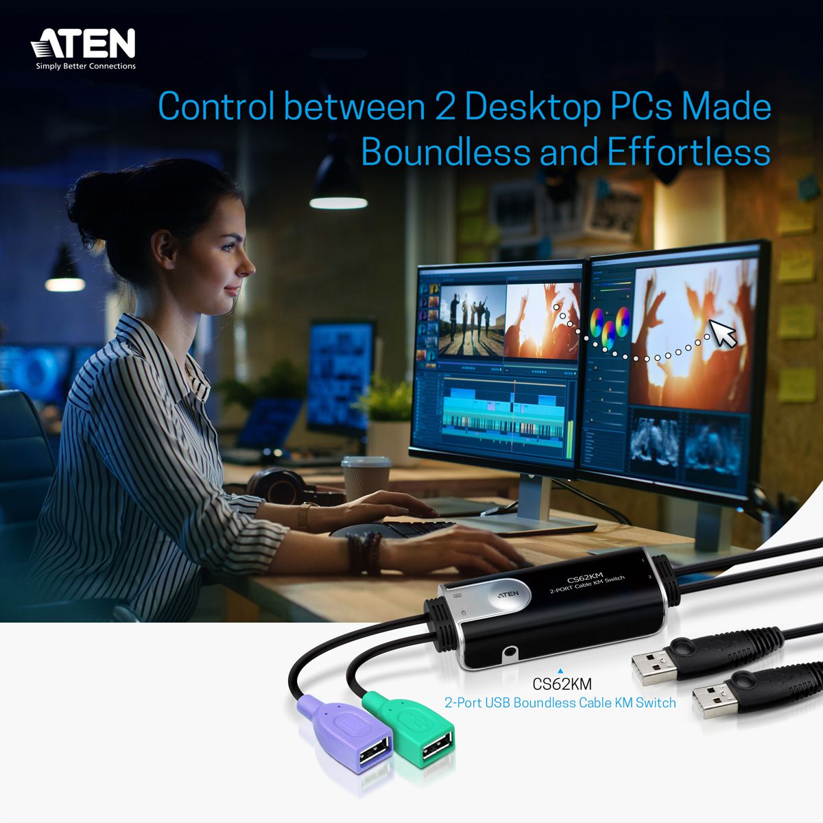 ATEN CS62KM Commutateur KM Câble Boundless USB à 2 ports