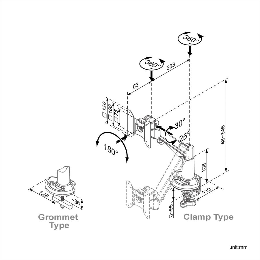 ROLINE Bras pour LCD, montage sur bureau, Gaz, 4 articulations