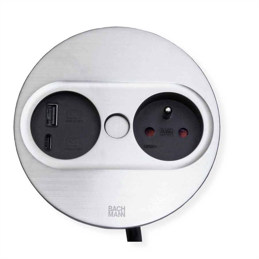 BACHMANN TWIST 2 1xUTE 1xUSB A/C 22W 2,0m AEH aspect inox rond, Mesure p.Sd. H05VV-F 3G2,5 CEE3x16A LAN
