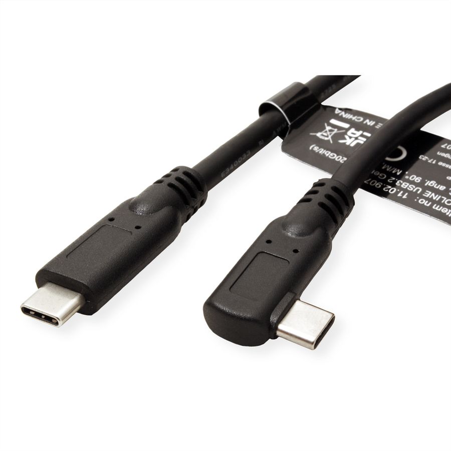 ROLINE Câble USB 3.2 Gen 2x2, avec PD, C-C, M/M, 4K UHD-1, 20Gbit/s, Emark, 100W, 1x coudé à 90°, noir, 1 m