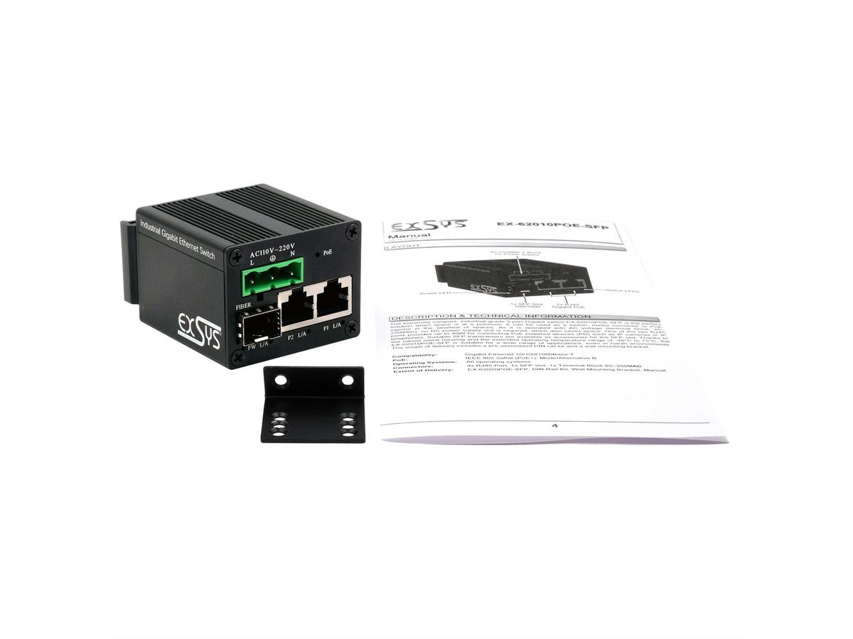 EXSYS EX-62010PoE-SFP Switch industriel Micro 2+1 ports PoE+ Gigabit