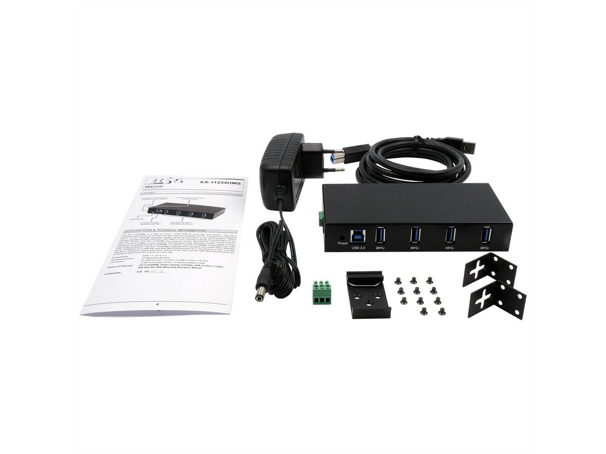 EXSYS EX-11234HMS HUB 4 ports USB 3.2 Gen 1 Din-Rail Kit et mur VIA VL811+ Chipset