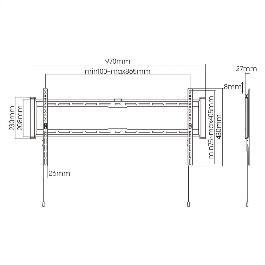 VALUE Support mural TV, distance murale de 27 mm, fixe, <228,6cm/90", <75kg
