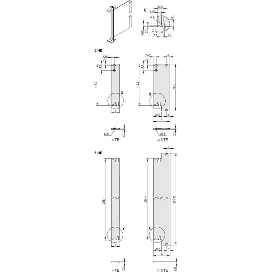 SCHROFF Unité enfichable, face avant, non blindée, pour IEL, IET, Type 2 poignée, 6 U, 8 HP, 2,5 mm, alu, anodisé avant, conducteur arrière