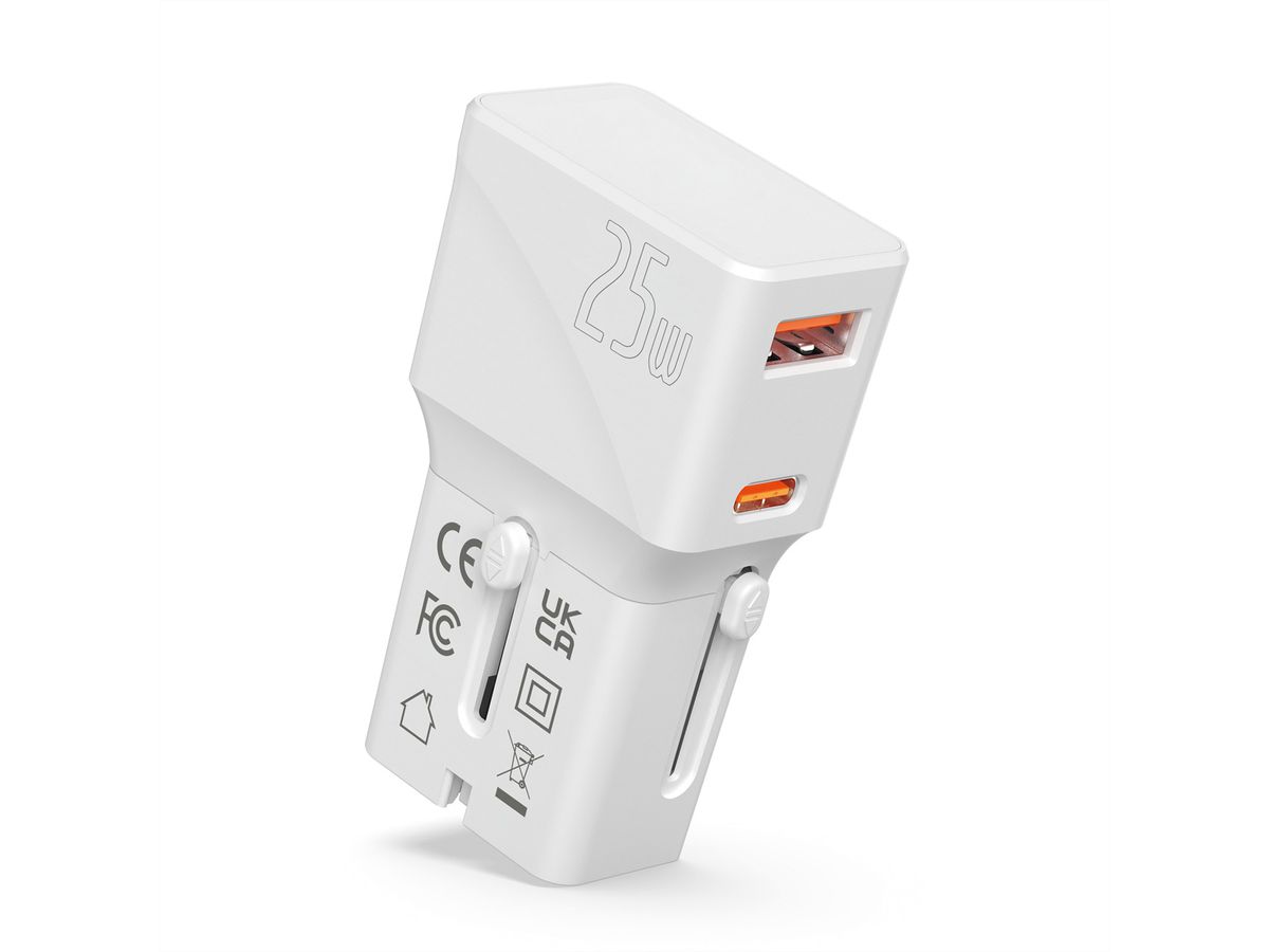 ROLINE Chargeur de voyage USB avec prise UK/US/Euro, 2 ports, 1x QC3.0 A + 1x C (PD), 25W